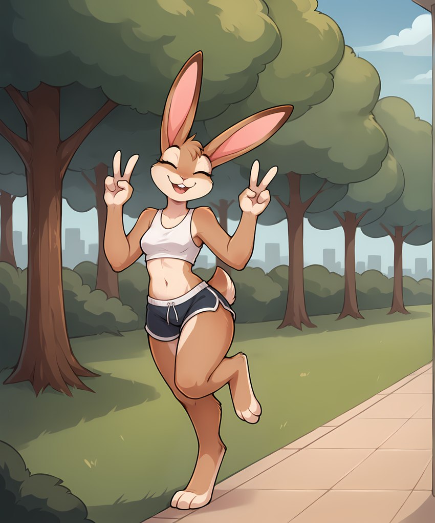 3_toes 4_fingers anthro barefoot bottomwear breasts brown_body brown_fur buckteeth cheek_tuft clothed clothing crop_top detailed_background eyebrows eyes_closed facial_tuft feet female fingers fur gesture grass gym_bottomwear gym_clothing gym_shorts long_ears midriff navel open_mouth open_smile outside pink_nose plant scut_tail shirt short_tail shorts shrub sidewalk smile solo standing tan_body tan_fur tank_top teeth toes topwear tree tuft twokinds v_sign anontk hazel_(twokinds) lagomorph leporid mammal rabbit hi_res