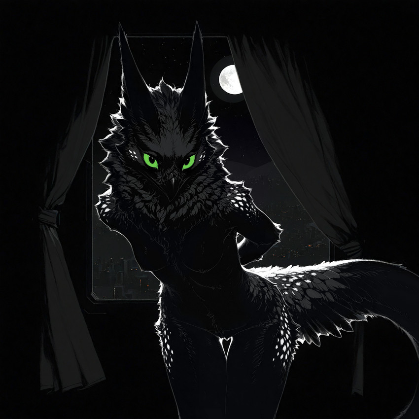 anthro beak black_body black_fur breasts city cityscape curtains feathers female fluffy full_moon fur green_sclera hands_behind_back leaning leaning_forward looking_at_viewer moon neck_tuft night nude outline small_breasts solo spots spotted_body spotted_fur thigh_gap tuft window oldhroft shadow_(oldhroft) avian velari hi_res