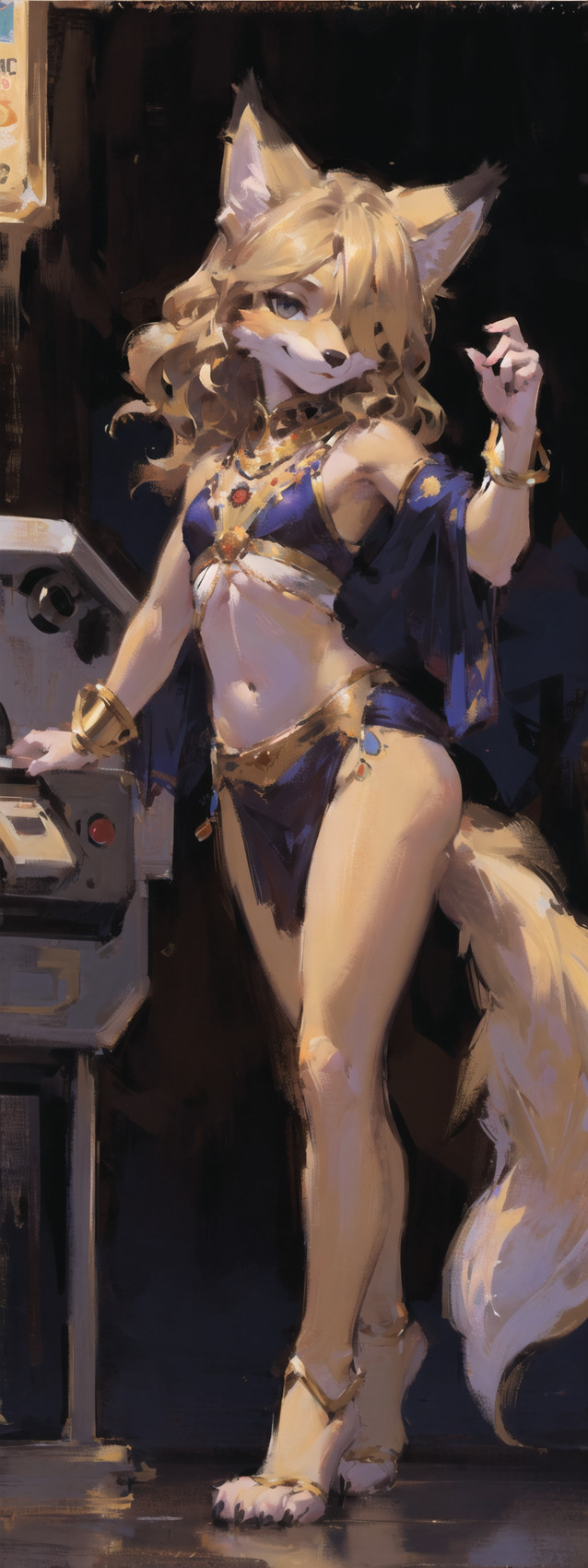 accessory anklet anthro arm_support armor bandeau belly_dancer black_nose blonde_hair bottomwear bracelet bracers breasts clothed clothing curled_hair dark_background female gold_(metal) gold_jewelry gray_eyes hair hair_over_one_eye harem_outfit jewelry loincloth long_hair looking_at_viewer machine midriff neckwear pendant pose prompt raised_arm shawl skimpy slim small_breasts small_waist solo standing tan_body topwear unknown_director canid canine fox mammal digital_media_(artwork) digital_painting_(artwork) full-length_portrait hi_res portrait