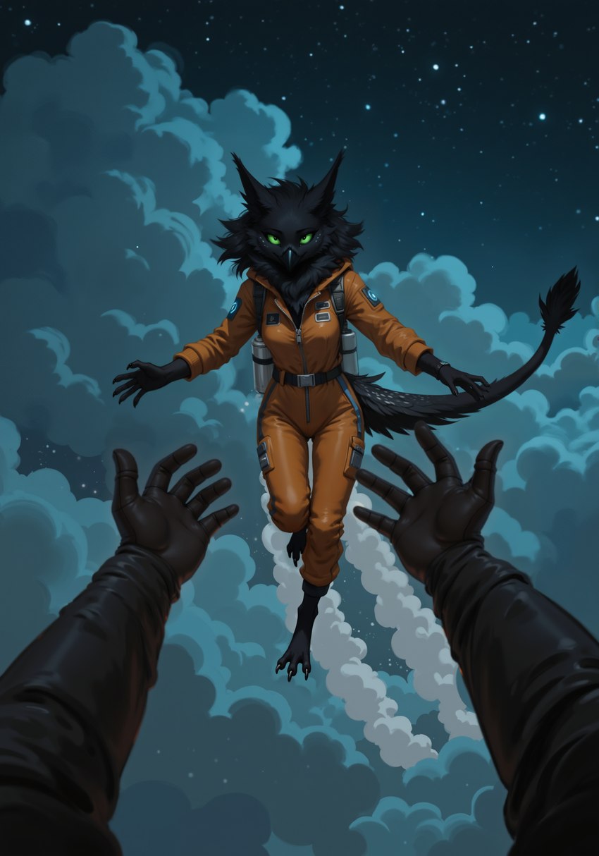 3_toes 5_fingers ambiguous_gender anthro beak black_body black_fur breasts claws clothing cloud digitigrade duo feet female fingers first_person_view fluffy flying fur gloves green_sclera handwear jet_pack jumpsuit long_tail looking_at_viewer midair neck_tuft night orange_clothing outstretched_arms slim spots spotted_body spotted_fur toes tuft oldhroft shadow_(oldhroft) avian velari absurd_res hi_res