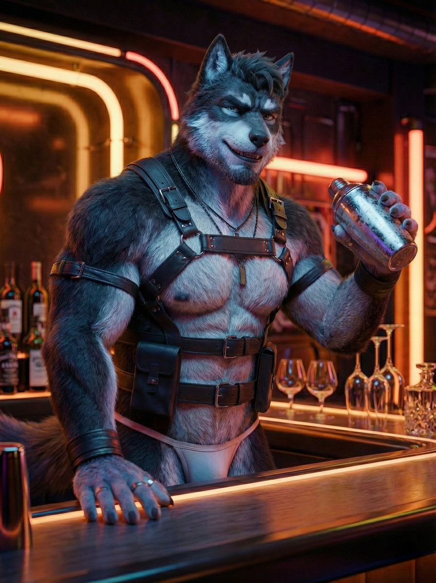 alcohol anthro bar bartender beverage black_body black_fur clothing cuff_(restraint) fur leather leather_clothing leather_straps looking_at_viewer male muscular neon_lights restraints solo thong underwear wrist_cuffs sweet_husbando canid canine canis mammal wolf absurd_res hi_res
