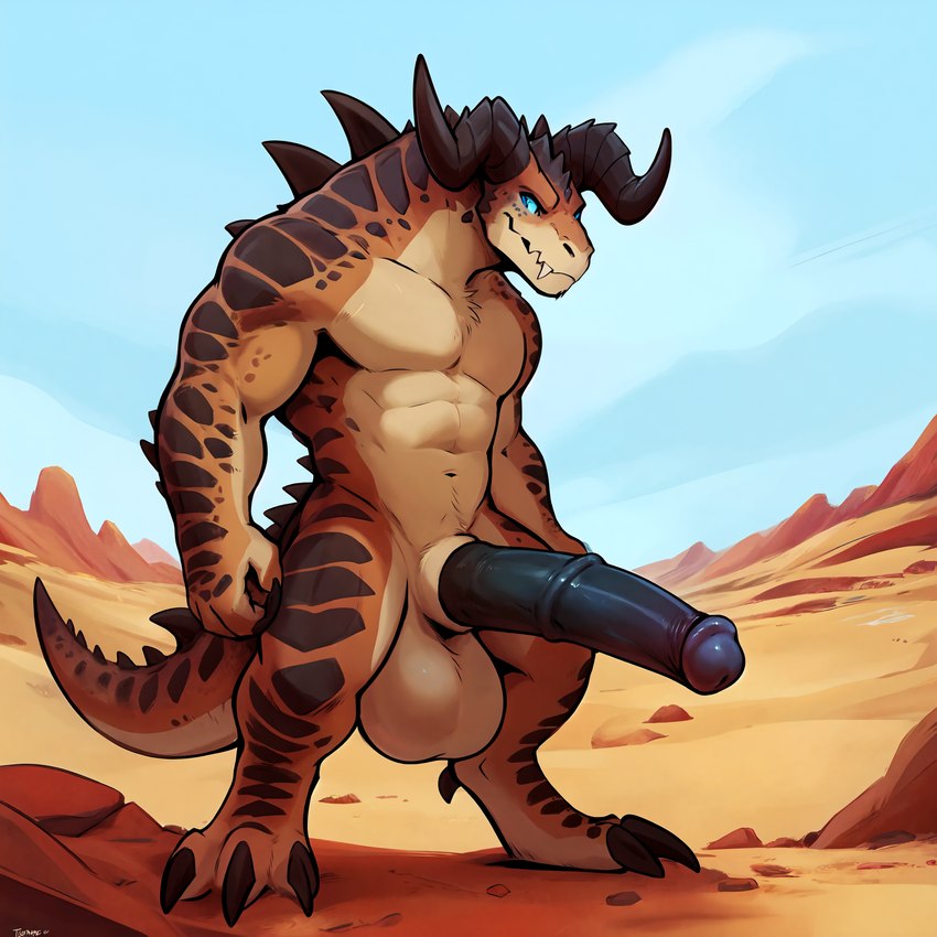 animal_genitalia animal_penis anthro balls big_balls big_penis blue_eyes brown_body claws desert equine_penis genitals horn hyper looking_at_viewer male muscular penis scales sky solo spikes spikes_(anatomy) tail tan_body toe_claws gertgrg scalie hi_res