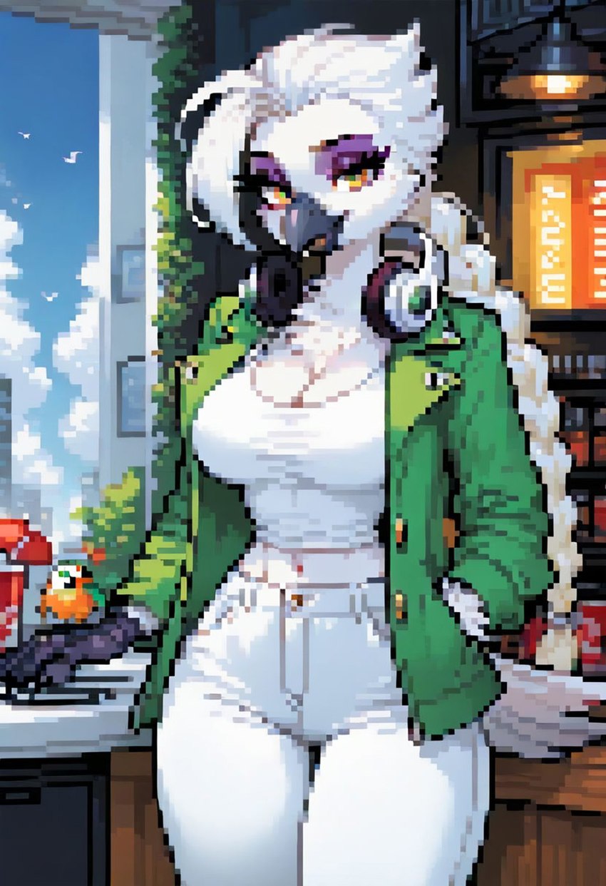 anthro beak big_breasts black_beak black_hands bottomwear braided_hair breasts clothing cloud feathers female female_focus hair hand_in_pocket headphones inside jacket kitchen lamp long_hair looking_at_viewer navel pants pockets shirt sky small_waist smile solo solo_focus tail_feathers tank_top topwear white_body white_feathers window rune_parrot leiya_(rune_parrot) avian bird cockatoo parrot digital_media_(artwork) hi_res pixel_(artwork)