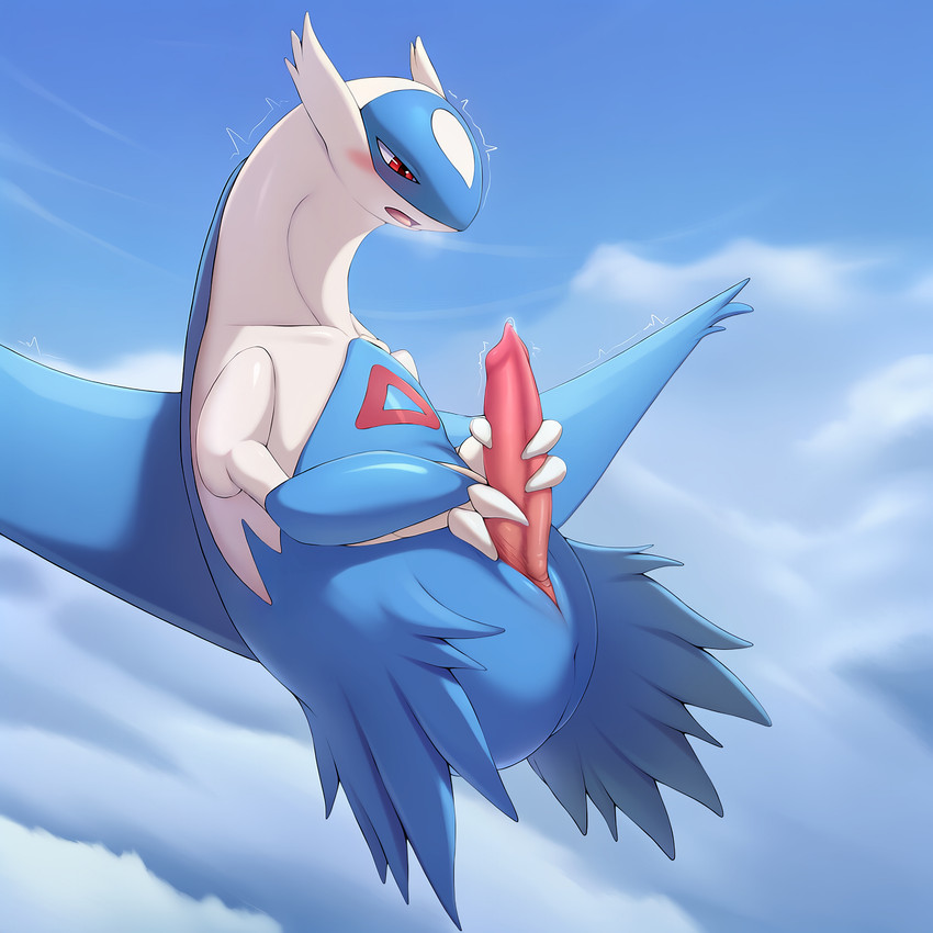 blue_body blue_sky blush bodily_fluids cloud erection feral genital_fluids genitals looking_pleasured male masturbation open_mouth penis precum shaking sky solo tremble_spikes trembling lightning7 nintendo pokemon generation_3_pokemon latios legendary_pokemon pokemon_(species) hi_res