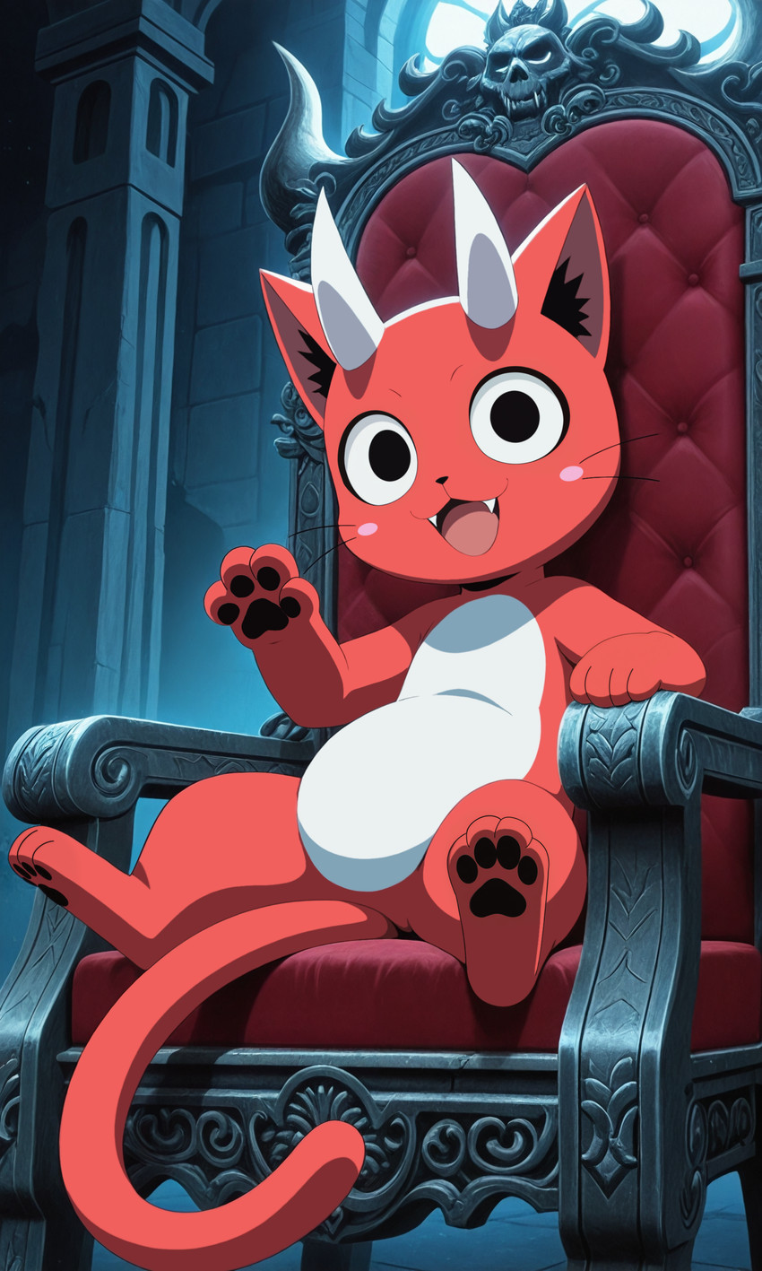 2_horns 4_toes anthro belly big_ears big_eyes black_eyes black_pawpads chair fangs feet fur furniture horn long_tail looking_back male open_mouth open_smile pawpads paws pink_cheek red_body red_fur sitting sitting_on_throne smile smiling_at_viewer snout solo tail teeth throne toes whiskers white_belly yiff_ai_(director) fairy_tail fan_character happy_the_red domestic_cat exceed felid feline felis mammal absurd_res hi_res