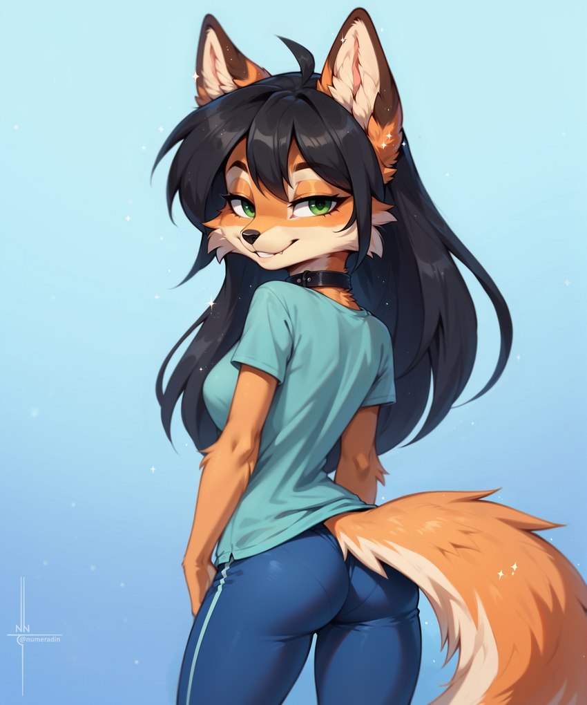 anthro black_hair bottomwear butt_pose clothing collar facial_tuft female fluffy fluffy_tail hair lidded_eyes pants pose prick_ears rear_view shirt simple_background smug_face snaggle_tooth solo t-shirt tight_clothing topwear tuft numeradin anya_(numeradin) canid canine fox mammal hi_res