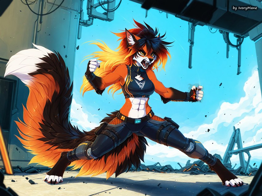 abs anthro clothing female fight fur hair long_hair long_tail multicolored_hair solo teeth ivorymane canid canine fox mammal detailed watermark