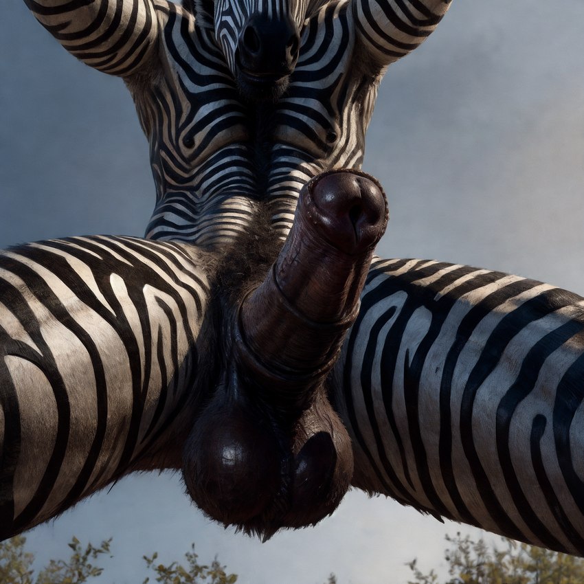 2024 animal_genitalia animal_penis anthro ball_tuft balls black_balls black_body black_fur black_nipples body_hair close-up equine_genitalia equine_penis erection fur genitals happy_trail low-angle_view male nipples nude penis pubes sky smile solo stable_diffusion striped_body striped_fur stripes tuft white_body white_fur worm's-eye_view monkeyelf_(director) equid equine mammal zebra hi_res