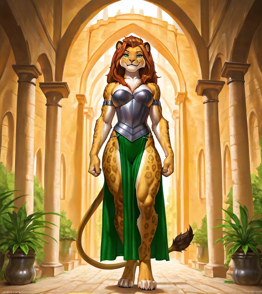 anthro armor bottomwear clothing female garden hallway looking_at_viewer skirt solo walking denis0k felid leopard lion mammal pantherine