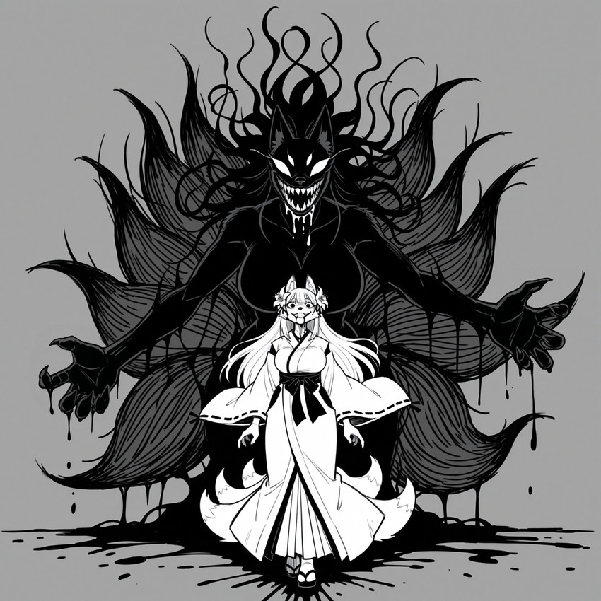 accessory anthro asian_clothing blood bodily_fluids claws clothing crazy_eyes east_asian_clothing female flower flower_in_hair glowing glowing_eyes hair hair_accessory horror_(theme) japanese_clothing large_breasts miko_outfit multi_tail plant sharp_teeth shrine_maiden solo teeth erta_wanderer xinghong_de_xue_chenjile canid canine fox mammal spirit hi_res monochrome sketch