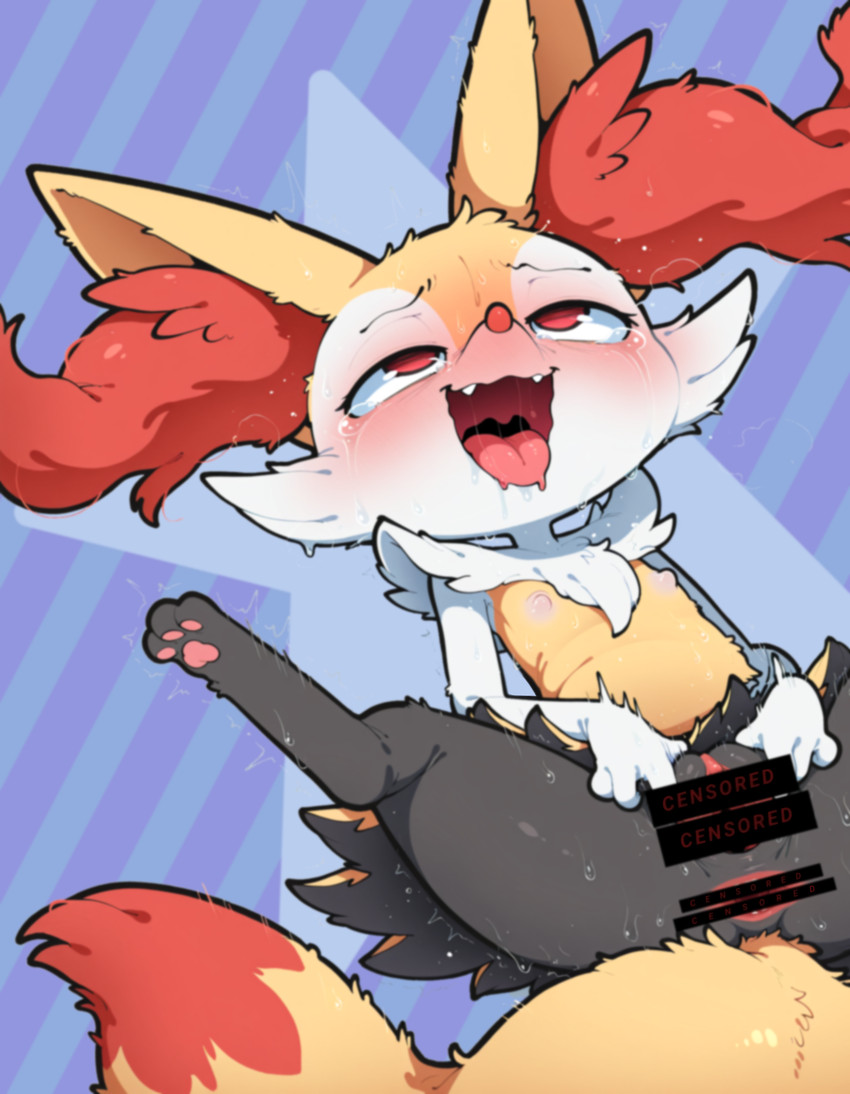 ahegao anthro black_body blush bodily_fluids censored_pussy female looking_pleasured lying nipples on_back paws red_eyes saliva solo tears tongue tongue_out white_body yellow_body elviola9029 nintendo pokemon braixen generation_6_pokemon pokemon_(species) censored hi_res