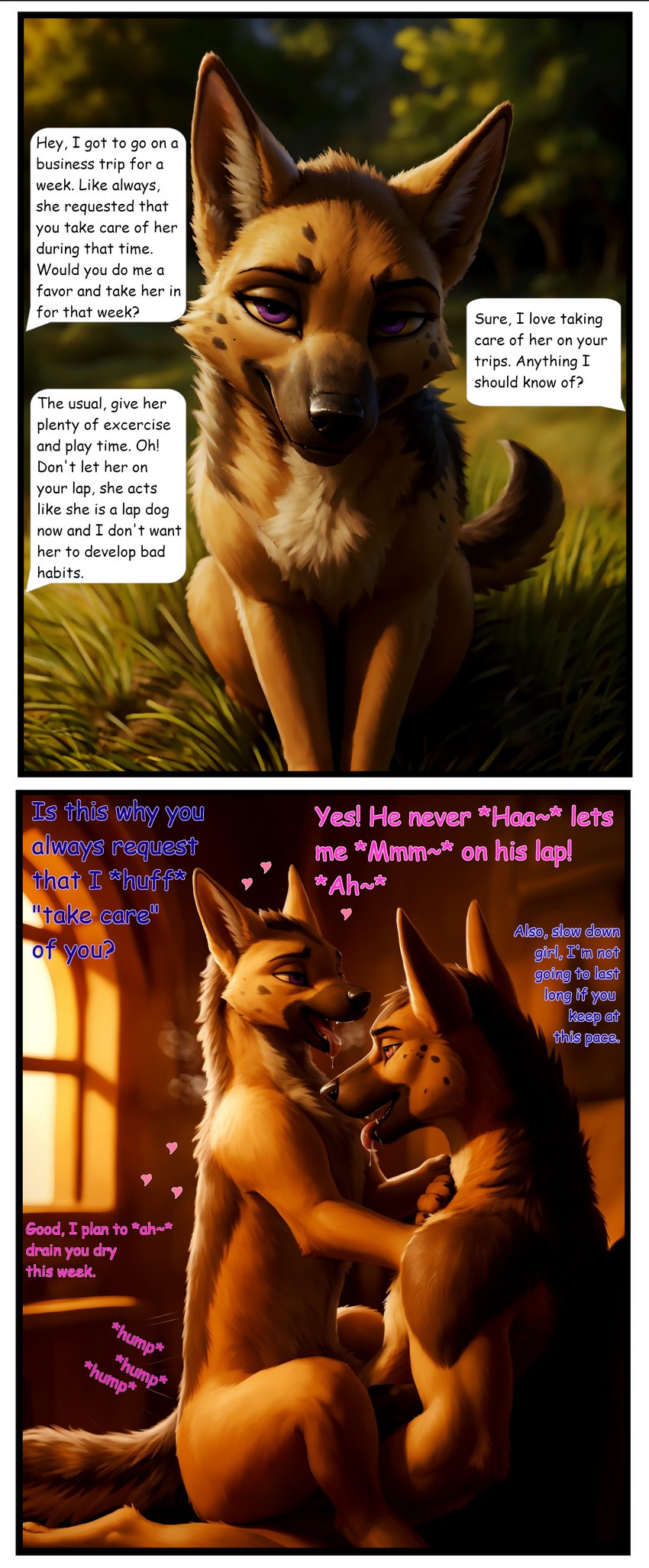 <3 anthro anthro_on_feral bedroom_eyes bestiality bodily_fluids breath dialogue drooling duo female female_on_top feral from_front_position humping male male/female mastery_position narrowed_eyes on_top panting purple_eyes saliva seductive sex speech_bubble text tongue punkskunk canid canine canis domestic_dog german_shepherd herding_dog mammal pastoral_dog absurd_res comic hi_res