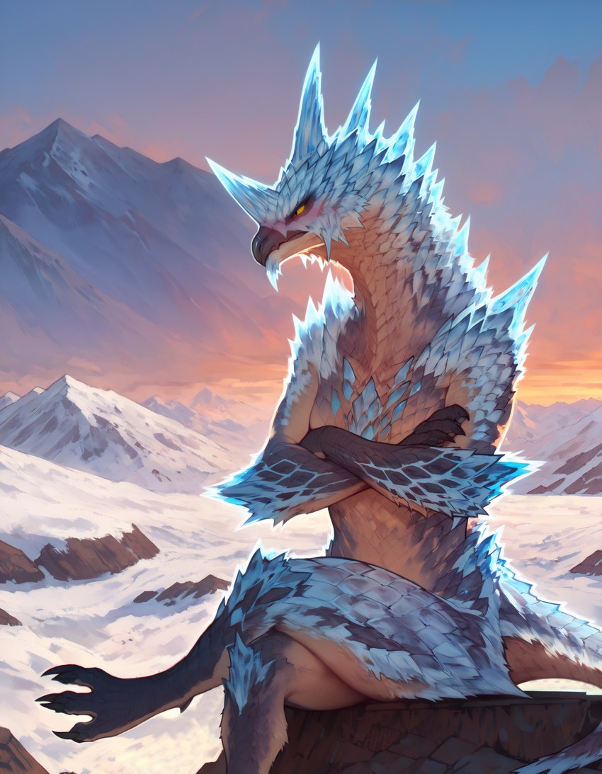 anthro biped blue_body blue_scales blush claws cloud crossed_arms crossed_legs day detailed_background embarrassed feet female horn ice looking_aside mountain mountain_range mountains multicolored_body nude nude_female outdoor_nudity outside pupils scales shy sitting sitting_on_rock sky slit_pupils snow snow_on_ground solo spikes spikes_(anatomy) tan_body toe_claws toes white_body winter winter_background yellow_eyes anotheranon dragon flying_wyvern scalie wyvern absurd_res hi_res