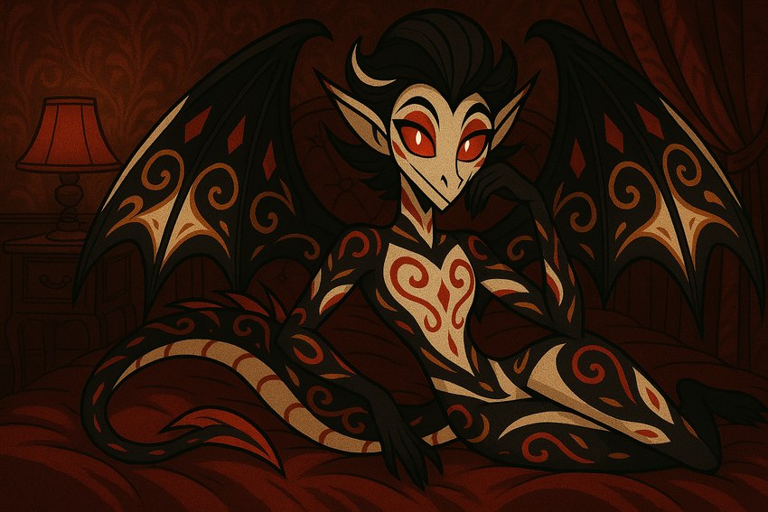 ambiguous_gender anthro bed bedroom bedroom_eyes black_body classy furniture gothic looking_at_viewer markings mythology narrowed_eyes red_eyes seductive small_waist solo spread_wings victorian wide_hips wings director_veprem hazbin_hotel helluva_boss astaroth_(veprem) demon dragon mythological_creature mythological_scalie scalie vampire