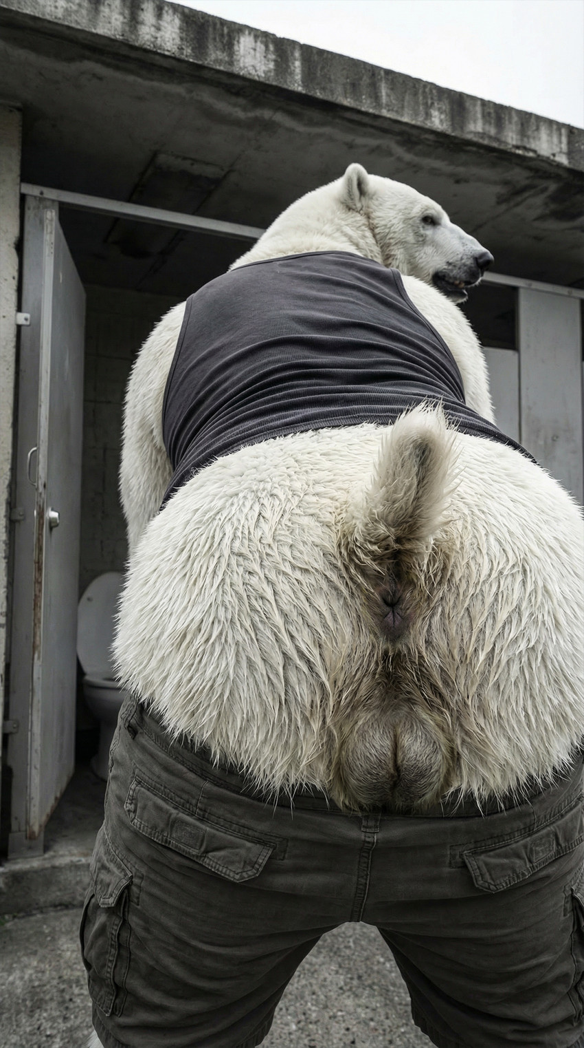 anthro anus backsack balls bathroom big_butt bodily_fluids bottomwear bottomwear_down butt clothed clothing cloud cloudy concrete detailed_anus detailed_background detailed_fur fur genitals looking_at_viewer looking_back looking_back_at_viewer low-angle_view male musky_butt outside partially_clothed photorealism presenting presenting_anus presenting_hindquarters public_restroom raised_tail realistic realistic_fur realistic_lighting rear_view shirt shorts shorts_down solo sweat sweaty_butt tail tank_top toilet topwear wet wet_body wet_fur white_body white_fur delken mammal polar_bear ursid ursine detailed hi_res