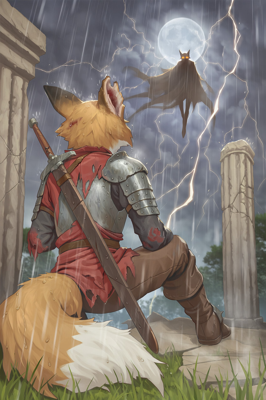 anthro armor blood bodily_fluids boots bottomwear cloak clothed clothing cloud crouching duo electricity electricity_manipulation elemental_manipulation floating footwear full_moon fur glowing glowing_eyes grass leather leather_bottomwear leather_clothing leather_pants lightning looking_at_another magic male melee_weapon moon night notched_ear orange_body orange_eyes orange_fur outside pants plant raining ruins storm storm_clouds sword sword_on_back topwear tree tunic weapon wet wet_body wet_fur white_body white_fur anonymous_director canid canine canis fox mammal hi_res