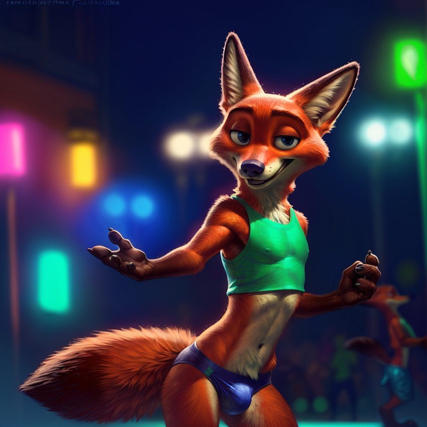 anthro bulge clothing dancing looking_at_viewer male navel nightclub nipple_outline party reaching_towards_viewer smile solo tight_clothing zootopia nick_wilde canid canine fox mammal