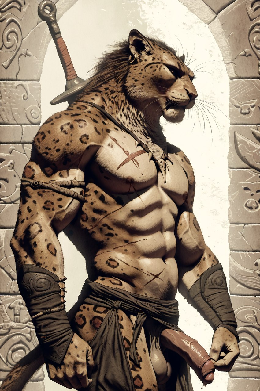 anthro balls clothed clothing genitals male melee_weapon partially_clothed penis scar solo sword warrior weapon hyperion felid leopard mammal pantherine hi_res