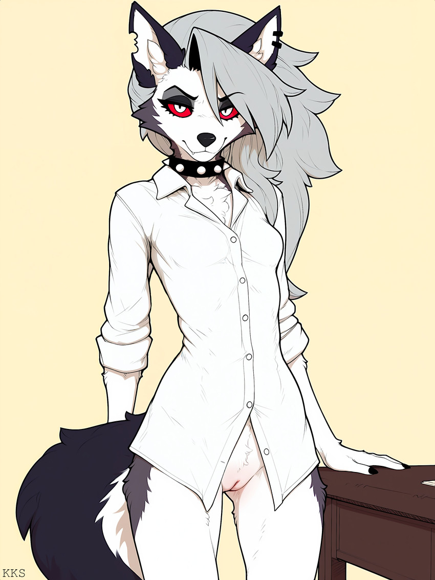 anthro bottomless breasts clothed clothing collar countershade_torso countershading female fur furniture genitals looking_at_viewer multicolored_body multicolored_fur piercing pussy red_sclera shirt simple_background slim small_breasts solo table topwear white_clothing white_shirt white_topwear krickracsac hellaverse helluva_boss loona_(helluva_boss) canid canid_demon demon hellhound mammal absurd_res hi_res watermark