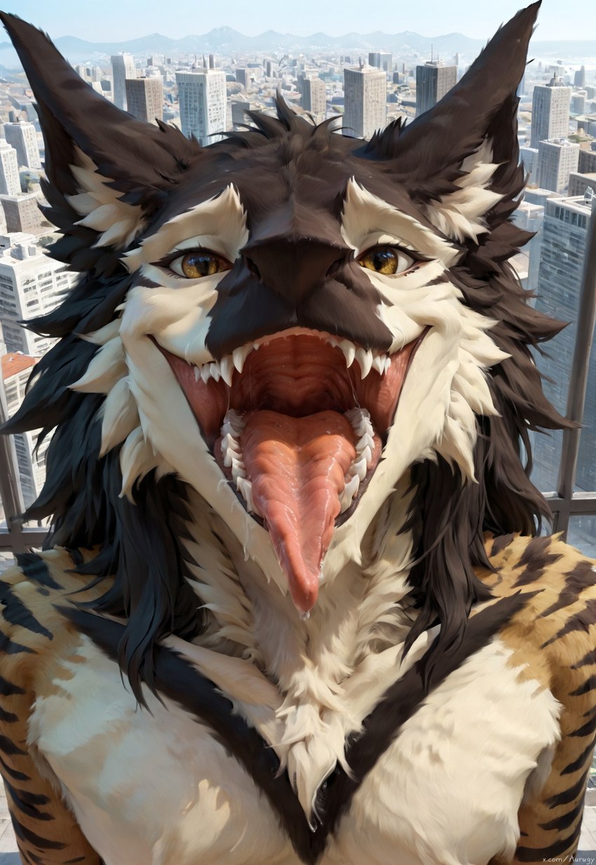 anthro bodily_fluids city city_background dripping looking_at_viewer male mouth_shot open_mouth outdoors outside realistic saliva saliva_drip sharp_teeth solo teeth throat tongue tongue_out vore wide_open_mouth aurugy sergal detailed hi_res