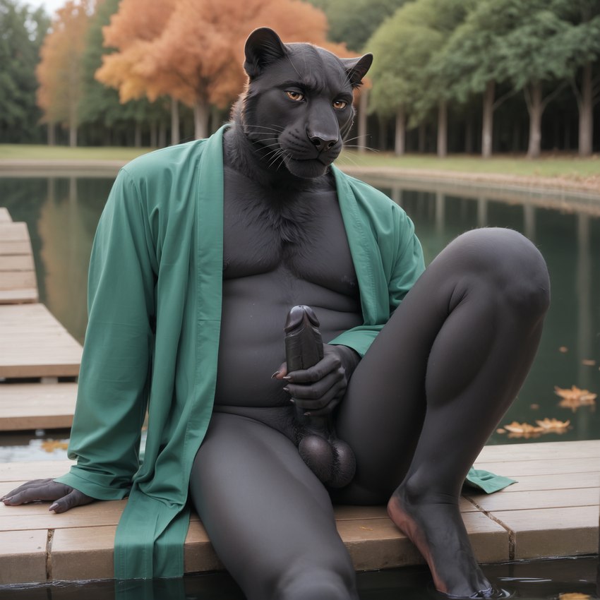 anthro autumn autumn_leaves balls black_balls black_body black_fur black_penis brown_eyes chest_tuft chubby_anthro chubby_male claw_nails clothing forest forest_background fur genitals green_clothing holding_penis inner_ear_fluff leg_up looking_at_viewer male mostly_nude nature nature_background neck_tuft nudity penis plant pond reflection robe robe_only slightly_chubby solo tree tuft water whiskers ilmpbx indigo_(ilmpbx) felid mammal pantherine hi_res