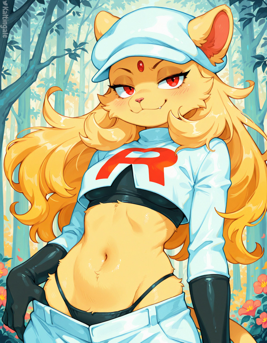 anthro blonde_hair blush bottomwear breasts cheek_tuft clothed clothing crotch_tuft cute_fangs ear_tuft facial_tuft female fingers flower forest forest_background front_view fur g-string gem gloves hair handwear hat headgear headwear long_hair looking_at_viewer medium_breasts narrowed_eyes nature nature_background panties pants plant pokemorph pupils red_eyes shrub slit_pupils smile smug solo standing team_rocket_uniform topwear tree tuft underwear wide_hips yellow_body yellow_fur kaltingale_(director) nintendo pokemon generation_1_pokemon persian_(pokémon) pokemon_(species) hi_res signature