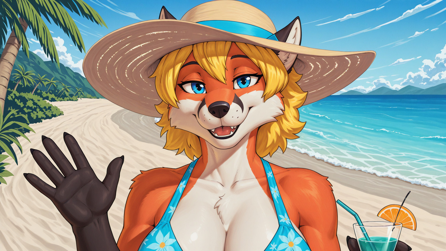 alcohol anthro beach beverage bikini bikini_top blonde_hair blue_eyes breasts cleavage clothed clothing cocktail female fur gesture hair holding_glass holding_object medium_hair notimportant orange_body orange_fur seaside solo straw sun_hat swimwear waving waving_at_viewer white_body white_fur canid canine fox mammal hi_res