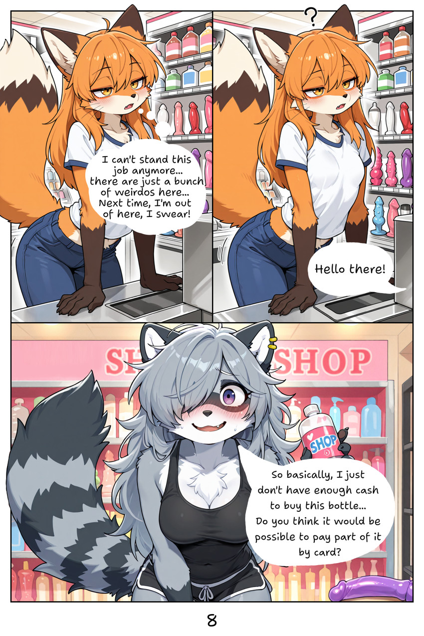 anthro black_body black_fur blush bottomwear breasts clothing denim denim_clothing dialogue dildo duo ear_piercing female female/female fluffy fluffy_tail fur grey_body grey_fur hair jeans long_hair lube_bottle messy_hair pants piercing purple_eyes sex_toy shirt shorts tail topwear white_body white_fur yellow_eyes lead_acid alice_(lead_acid) maple_(lead_acid) canid canine fox mammal procyonid raccoon comic hi_res