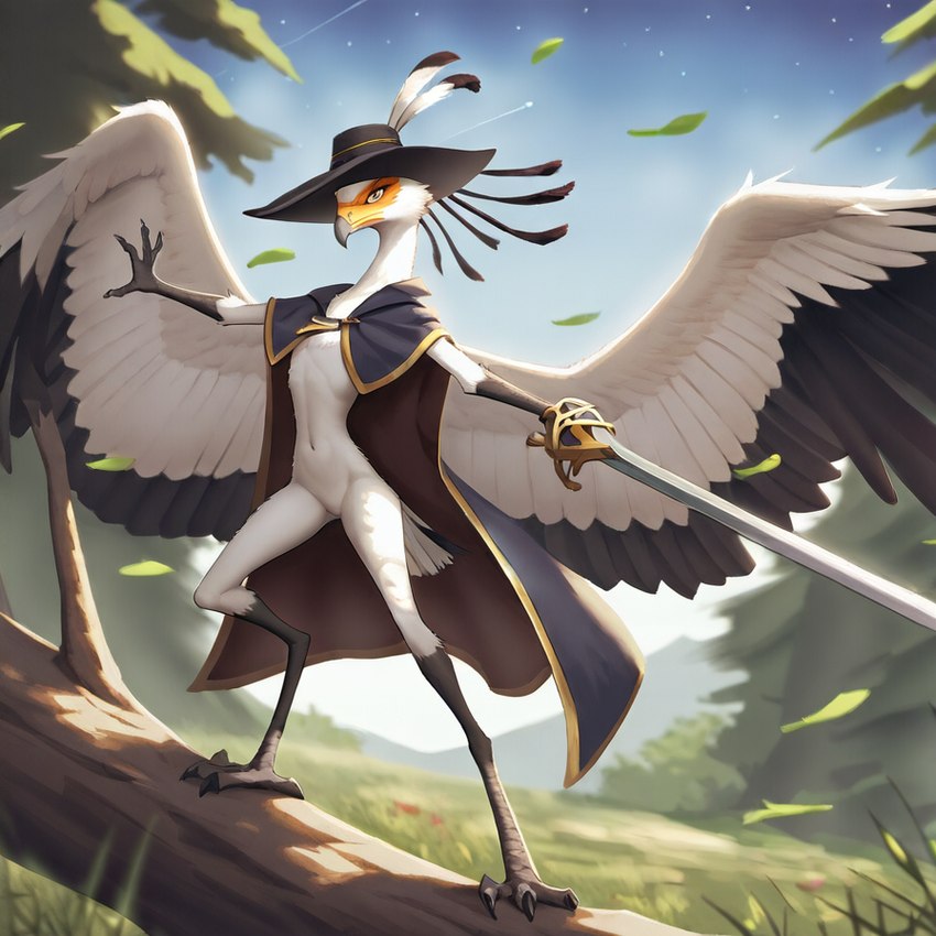 anthro beak claws cloak cloak_only clothing feathers grass hat headgear headwear melee_weapon plant pose pupils raised_arms sky slit_pupils solo sword talons tree weapon white_body wide_stance wings yellow_eyes forsaken accipitriform avian bird secretary_bird