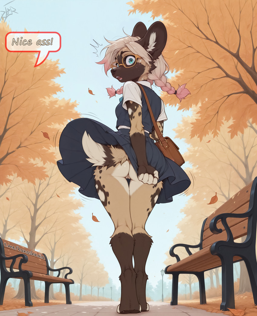 anthro bench bottomwear clothed clothing clothing_pull eyewear female leaf looking_at_viewer low-angle_view no_underwear outside park park_bench public public_exposure rear_view shoulder_bag skirt solo surprise topwear turning vest walking wind wind_lift djar17 zahra_(djar17) african_wild_dog canid canine mammal absurd_res hi_res