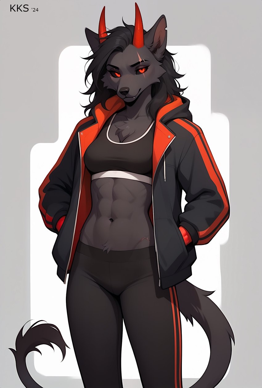 anthro black_body black_fur black_nose clothing female fur jacket red_eyes simple_background solo tail_aside topwear white_background krickracsac canid canid_demon canine demon hellhound mammal absurd_res hi_res