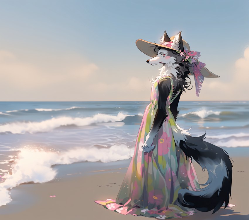 anthro beach black_body black_nose bow_(disambiguation) clothing countershading dress eyebrows female floral_print fur hat headgear headwear horizon inner_ear_fluff looking_back neck_tuft red_eyes sand sea seaside sky solo standing sun_hat tuft water wave white_body white_fur sappy_(director) borzoi canid canine canis domestic_dog hunting_dog mammal sighthound absurd_res hi_res