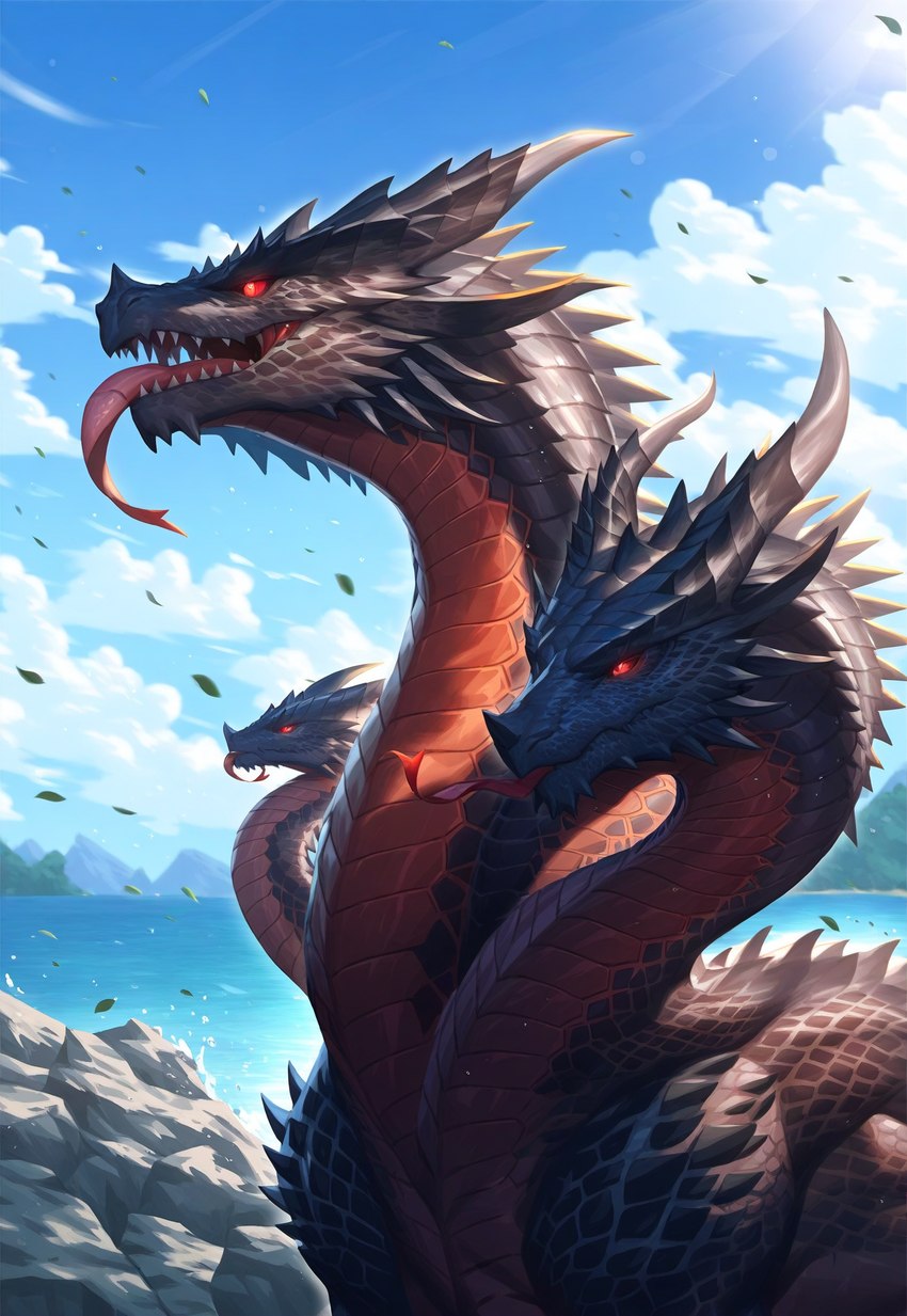 3_heads black_body black_scales detailed_background feral male multi_head red_eyes scales sea solo solo_focus tongue tongue_out water hydra_(director) hi_res