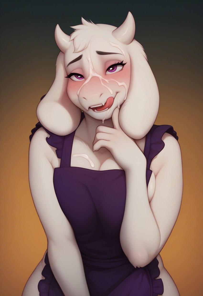 anthro apron biped blush bodily_fluids breasts clothing cum cum_on_body cum_on_breasts cum_on_face female fingers genital_fluids gradient_background hair horn licking licking_lips long_ears short_hair sideboob simple_background solo teeth tongue tongue_out undertale_(series) white_body tamrad toriel bovid caprine goat mammal absurd_res hi_res