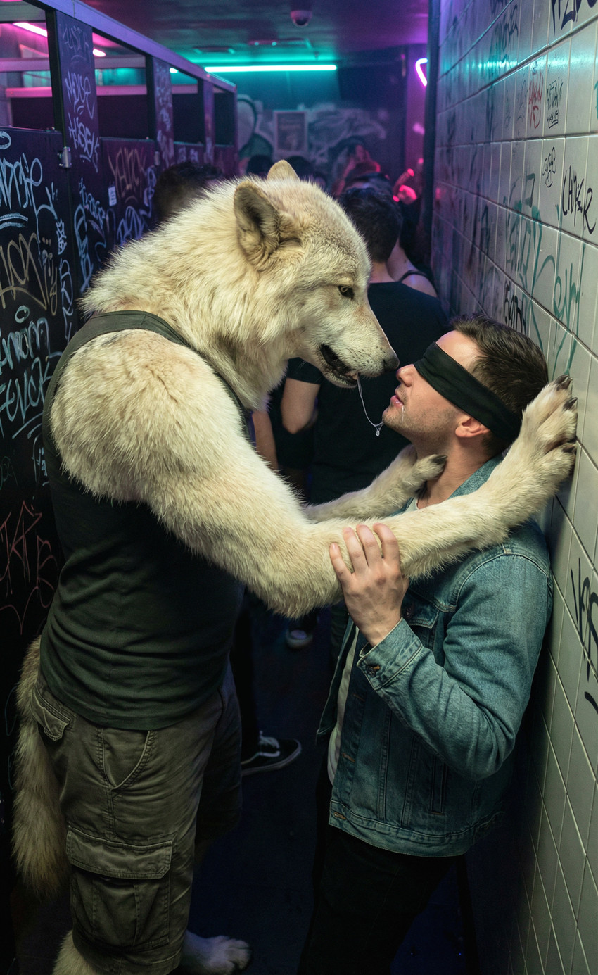 after_kiss anthro bathroom black_lips blindfold bodily_fluids bottomwear claws clothed clothing detailed_fur dripping duo ears_back fluffy fur graffiti hand_on_arm hand_on_neck human_on_anthro interspecies jacket kissing lips looking_at_another male male/male muscular muscular_anthro muscular_male neck_grab neck_tuft party paws photorealism pivoted_ears public public_restroom realistic realistic_fur realistic_lighting restroom_stall saliva saliva_drip saliva_on_face saliva_string shirt shorts side_view size_difference tank_top teeth topwear tuft white_body white_fur delken canid canine canis human mammal wolf absurd_res detailed hi_res