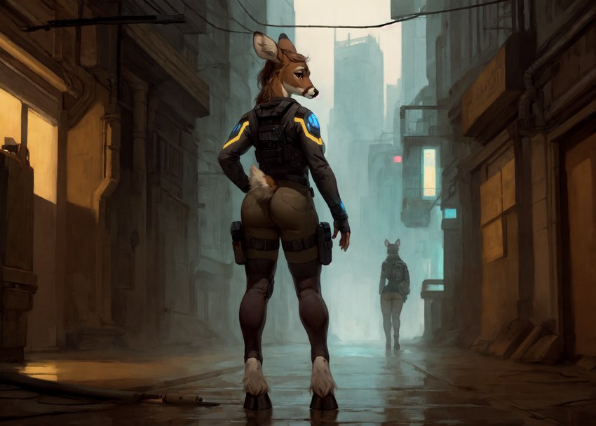 2023 anthro black_nose bottomwear brown_body brown_eyes brown_fur brown_hair building butt city city_background clothed clothing countershading detailed_background female fully_clothed fur hair hooves jacket legband looking_at_viewer looking_back looking_back_at_viewer pants raining rear_view short_hair solo stable_diffusion standing street techwear thighband topwear urban urban_background yiffymix_(model) malakim capreoline cervid mammal white-tailed_deer full-length_portrait hi_res portrait