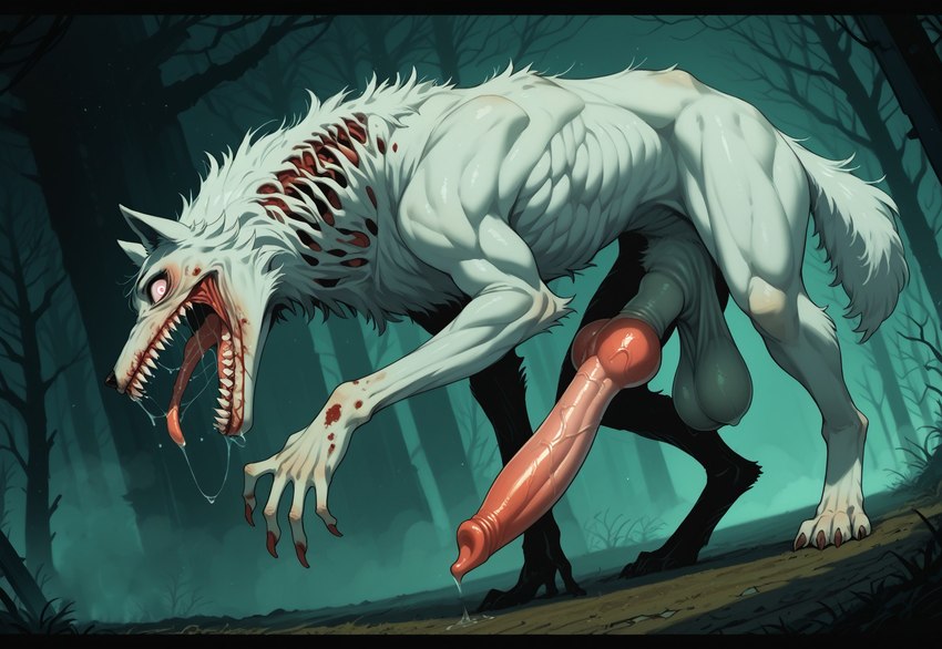 animal_genitalia animal_penis balls big_balls big_penis blood bodily_fluids body_horror canine_genitalia canine_penis claws detailed_background digitigrade dripping drooling erection feral finger_claws forest fur genital_fluids genitals huge_balls huge_penis hyper hyper_genitalia knot leaking_precum long_penis male muscular muscular_feral nightmare_fuel open_mouth outside penis plant precum precum_drip quadruped saggy_balls saliva saliva_string sharp_teeth sheath solo teeth toe_claws tongue tongue_out tree vein veiny_penis white_balls white_body white_fur anonymous_director canid canine canis mammal monster undead wolf zombie hi_res