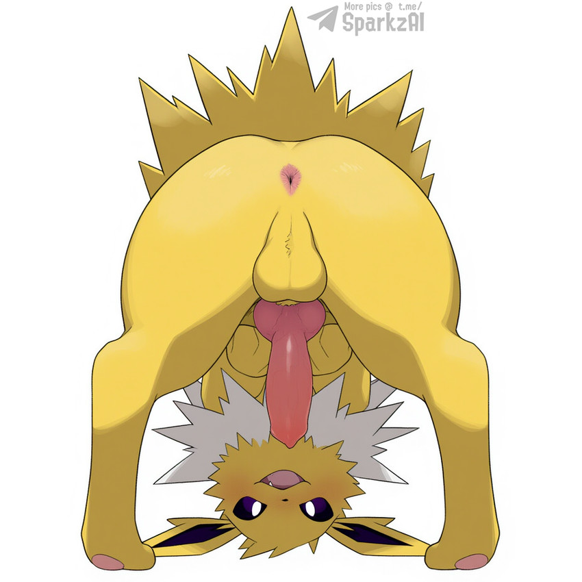 animal_genitalia animal_penis anus backsack balls blush butt canine_genitalia canine_penis cute_fangs erection feral fur genitals knot looking_at_viewer looking_through looking_through_legs male nude open_mouth pawpads penis perineum presenting presenting_anus presenting_hindquarters presenting_penis quadruped rear_view simple_background smile solo teeth text tongue white_background white_body yellow_body yellow_fur sergalbutt nintendo pokemon eeveelution generation_1_pokemon jolteon mammal pokemon_(species) 1:1 signature url