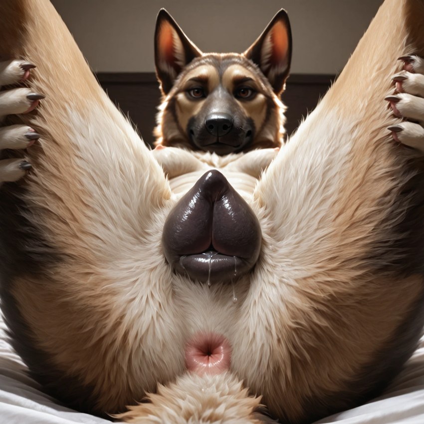 anatomically_correct anatomically_correct_genitalia anatomically_correct_pussy animal_genitalia animal_pussy anthro anus bed bodily_fluids breasts canine_genitalia canine_pussy claws female furniture genital_fluids genitals inside legs_up looking_at_viewer lying nipples nude on_back on_bed photorealism photorealistic pussy pussy_juice rear_view solo spread_legs spreading director_yiffy canid canine canis domestic_dog german_shepherd herding_dog mammal pastoral_dog hi_res