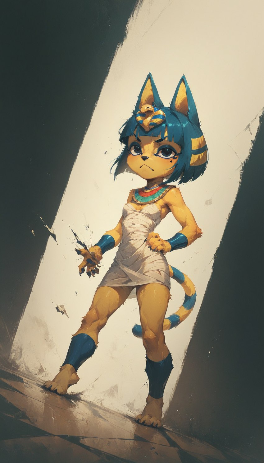 animal_crossing anthro clothing egyptian_clothing egyptian_headdress female fur markings solo standing striped_markings striped_tail stripes tail_markings yellow_body yellow_fur wizardeus ankha_(animal_crossing) domestic_cat felid feline felis mammal tail hi_res