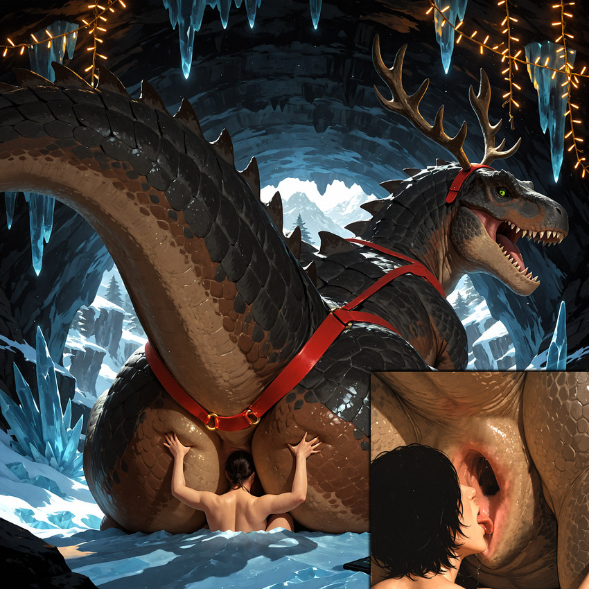 animal_genitalia bodily_fluids butt butt_grab christmas_clothing christmas_headwear christmas_lights cloaca clothing cunnilingus digitigrade dominant dominant_female dominant_feral duo faceless_character facesitting female feral genitals hand_on_butt harness headgear headwear licking looking_back male male/female open_mouth oral saliva scales sex squeezing thick_tail thick_thighs tongue tongue_out vaginal pleasedontlook dinosaur human hybrid mammal reptile scalie theropod tyrannosaurid tyrannosaurus hi_res