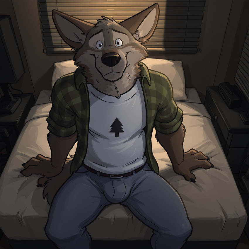 4_fingers anthro bed bed_sheet bedding bedroom belt biped black_nose blinds blue_bottomwear blue_clothing blue_eyes blue_pants bottomwear brown_body brown_fur buckle bulge canine_nose claws clothed clothing countershading denim denim_bottomwear denim_clothing detailed_background dim_lighting eyebrows fingers fluffy fluffy_tail front_view fully_clothed fur furniture green_clothing green_topwear grey_body grey_fur high-angle_view inside jeans lamp looking_at_viewer male nightstand on_bed open_clothing open_topwear pants pattern_clothing pattern_topwear pillow plaid plaid_clothing plaid_topwear shirt sitting sitting_on_bed smile solo t-shirt tail topwear tuft whisker_spots white_clothing white_shirt white_topwear wide_eyed window scoutr arches_(game) echo_(series) echo_project cameron_wilson canid canine canis coyote mammal digital_media_(artwork) hi_res