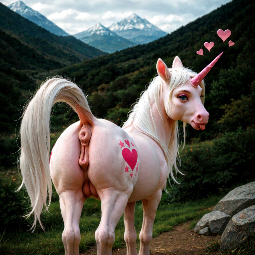 <3 animal_genitalia animal_pussy anus blue_eyes butt cloud crotch_breasts cutie_mark detailed_background equine_anus equine_pussy eyebrows eyelashes eyeshadow female feral fur genitals grass heart_symbol horn horse_tail long_eyelashes long_tail looking_at_viewer looking_back looking_back_at_viewer makeup mane mountains nature nature_background nostrills outdoors photorealism pink_anus pink_body pink_fur pink_horn pink_pussy plant presenting presenting_hindquarters puffy_anus pussy raised_tail realistic realistic_feral rear_view rock sky solo standing teats tongue tongue_out unicorn_horn white_mane silvicultor equid equine mammal unicorn hi_res