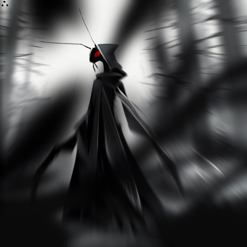 cloak clothing fog grass hiding hood looking_at_viewer looking_back looking_back_at_viewer membrane_(anatomy) membranous_wings mystical plant pupils rear_view red_eyes rock shrub slit_pupils solo standing tentacles wings woods forsaken arthropod insect mantis black_and_white monochrome