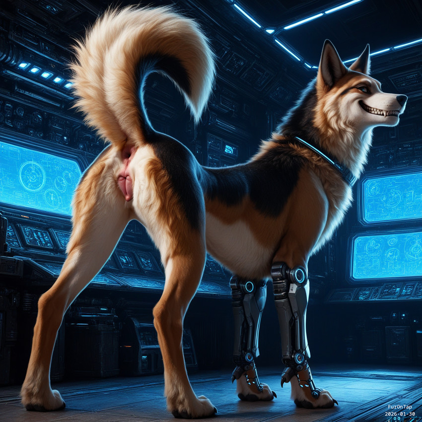 animal_genitalia animal_pussy anus black_body black_fur black_nose blue_eyes brown_body brown_fur butt canine_genitalia canine_pussy collar collar_only cybernetics detailed_background detailed_fur female feral fur genitals grin looking_at_viewer looking_back looking_back_at_viewer machine multicolored_body multicolored_fur nude pink_pussy presenting presenting_hindquarters presenting_pussy pussy raised_tail rear_view smile solo tail white_body white_fur furontap canid canine mammal 2026 detailed hi_res