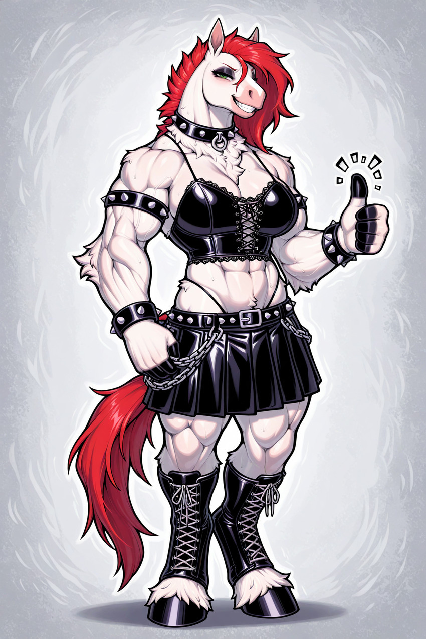 anthro armband bottomwear bracelet clothing collar corset female fur gesture green_eyes grin hair jewelry lingerie pleated_skirt red_hair skirt smile solo spiked_armband spiked_bracelet spiked_collar spikes thong_straps thumbs_up topwear white_body white_fur anonymous_director draft_horse equid equine horse mammal hi_res