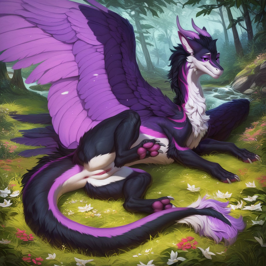 anus black_body black_fur claws creek feathered_wings feathers female feral flower fluffy fluffy_tail forest fur genitals grass horn leg_up looking_at_viewer lying lying_on_side mythology on_grass on_ground pawpads paws pink_anus pink_body pink_feathers pink_fur pink_pawpads pink_pussy plant presenting presenting_anus presenting_pussy purple_body purple_eyes purple_feathers purple_fur purple_horn pussy solo spread_legs spread_wings spreading stones tail tree water white_body white_fur wings schachtnatten dragon furred_dragon furred_scalie mythological_creature mythological_scalie scalie