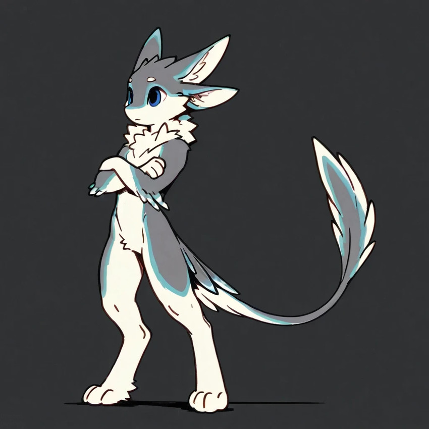 4_ears anthro chest_tuft digitigrade feathers fur grey_body grey_fur inner_ear_fluff male multi_ear multicolored_body multicolored_fur purple_eyes simple_background solo tuft white_body white_fur direfelis_(director) avali 1:1 watermark