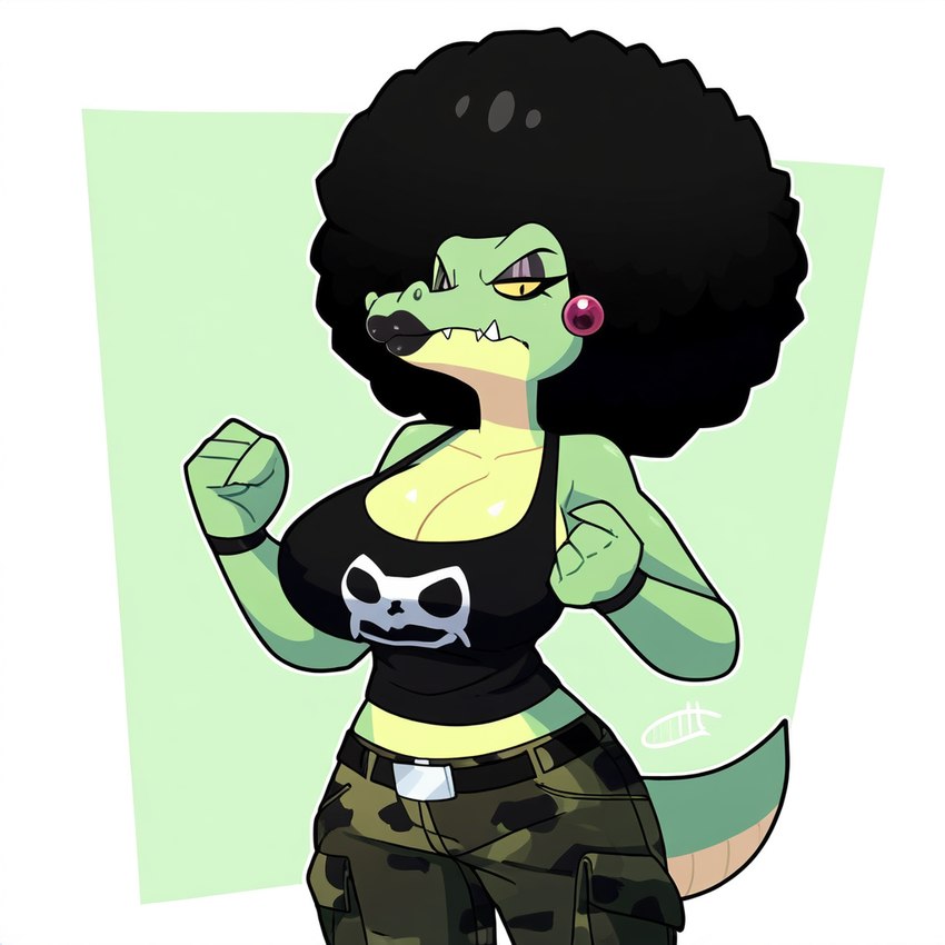 afro anthro belt big_breasts black_bracelet black_clothing black_hair black_lipstick black_shirt black_topwear bottomwear bracelet breasts cargo_pants clothing ear_piercing ear_ring emo eyeshadow female fist frown hair jewelry lipstick makeup nintendo pants piercing ring_piercing scowl shirt solo topwear donkey_kong_(series) kalypso crocodilian kremling reptile scalie novelai