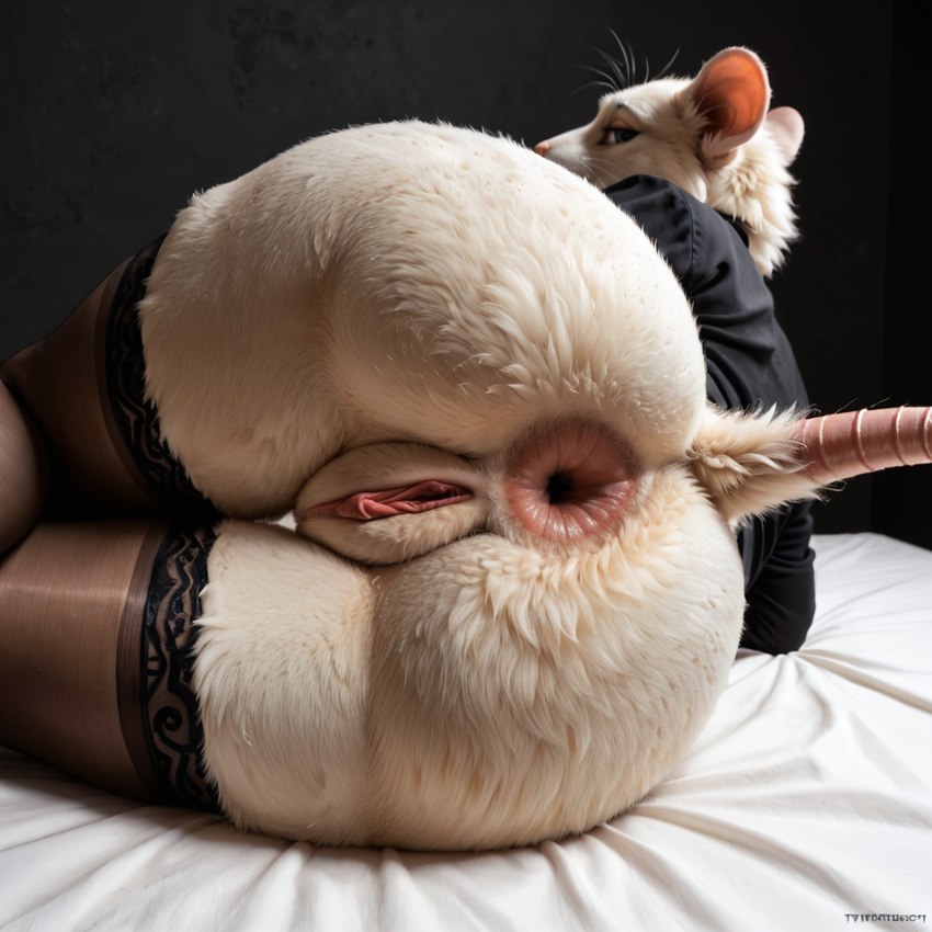 anthro anus butt clothing female gaping gaping_anus genitals lingerie looking_at_viewer looking_back looking_back_at_viewer lying on_side presenting presenting_hindquarters pussy realistic rear_view solo solo_focus director_unholycow mammal murid murine rat rodent detailed